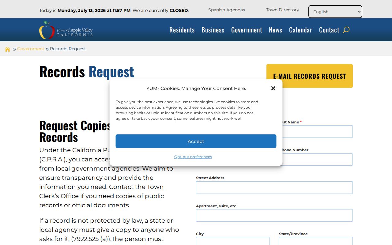 Apple Valley public records request form